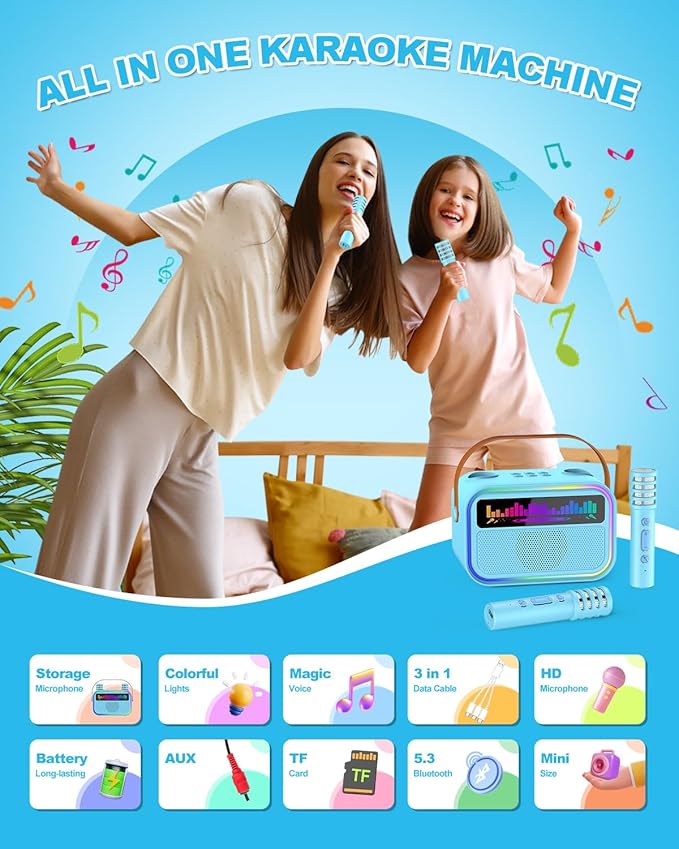 Karaoke Machine for Kids Adults, Birthday Gifts Toys for Girls Boys Age 3-12+,Mini Portable Bluetooth Singing Speaker with 2 Wireless Microphones & LED Lights (Blue)