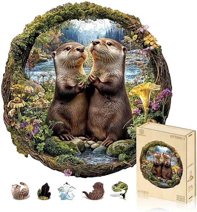 Jigfoxy Wooden Puzzles for Adults, Otter Couple Wood Puzzles Adult, Unique Animal Shape Wooden Jigsaw Puzzles for Adults, Birthday Gifts for Puzzle Lovers Family Friend (S-8.1 * 8.4in-102pcs)
