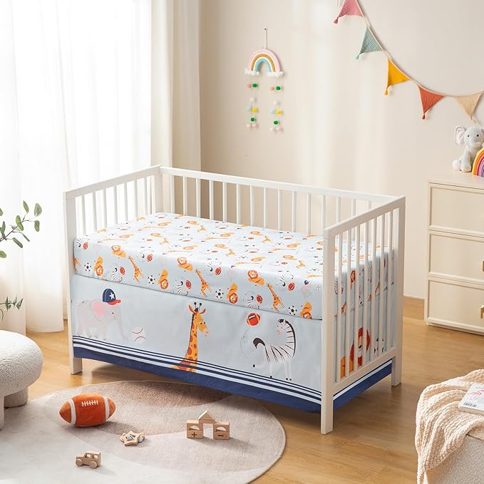 4 Piece Crib Bedding Set for Boys Girls, Infant Toddler Nursery Baby Bedding Sets Includes Cartoon Quilt, Fitted Crib Sheet, Crib Skirt and Plush Football Toy (MVP)