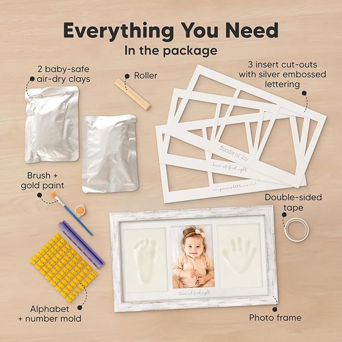 Baby Hand and Footprint Kit - Clay Handprint Keepsake Frame, Newborn Nursery Picture Frame, Personalized New Mom Gifts for Baby Shower & Registry (Vintage White)