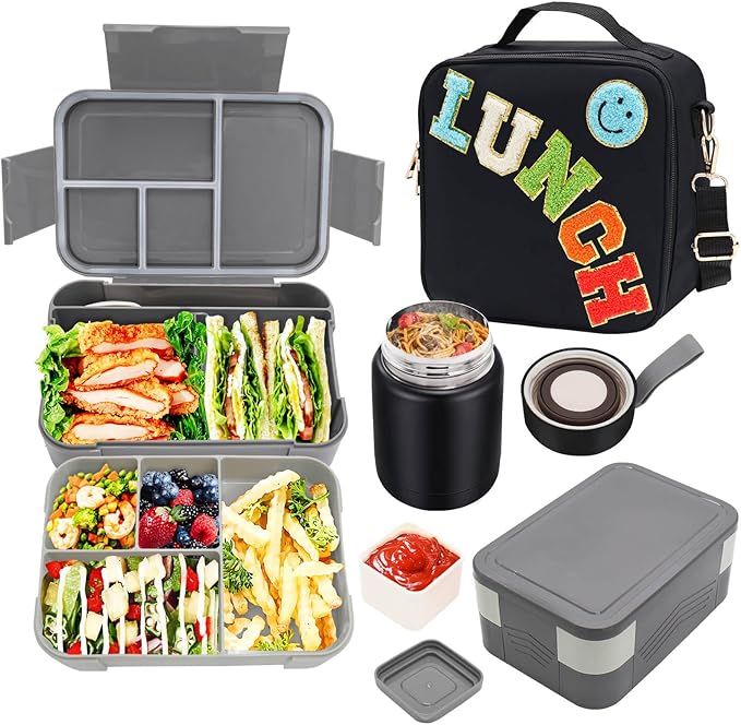 Insulated Lunch Bag for Boys Girls with 10oz Thermo, with 6 Compartment Bento Box, Black Nylon Preppy Lunch Box Adjustable Strap for Boy Girl Kids Teens School Travel Picnic