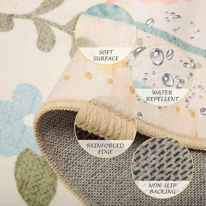 Floral 8x10 Area Rug Machine Washable Soft Print Boho Carpet Non Slip Doormat Low Pile Flower Area Rugs for Living Room Bedroom Nursery Kitchen Dining Room Indoor-Beige/White/Orange