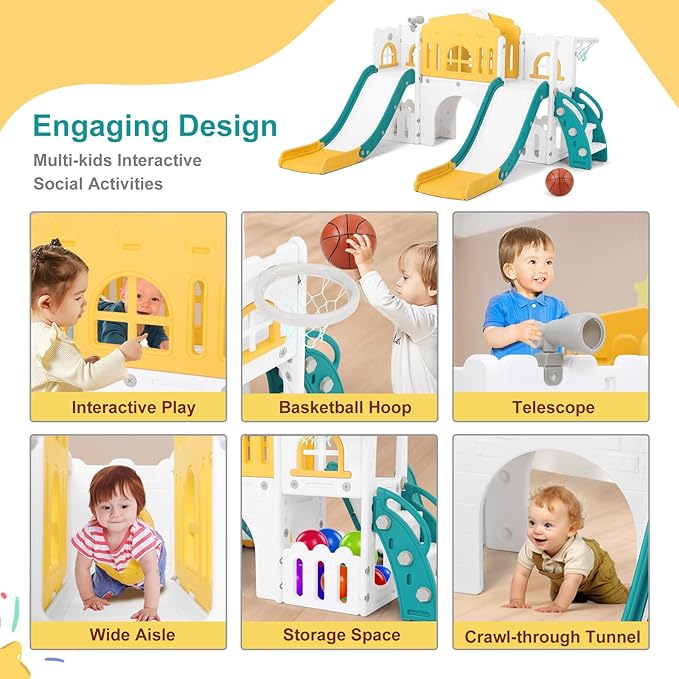 JOYLDIAS 9 in 1 Toddler Slide, Toddler Playground with Double Slides, Climber,Basketball Hoop,Tunnel, Telescope, Storage Space and Non-Slip Step, Indoor Outdoor Backyard Playset for Toddlers Age 1-3+