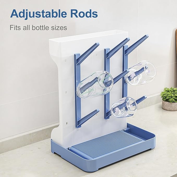 GoMaihe Baby Bottle Drying Rack: Space Saving Vertical Bottle Dryer Holder - Baby Accessories Storage Stand Organize Brushes Pacifiers on Countertop - BPA-Free - Blue
