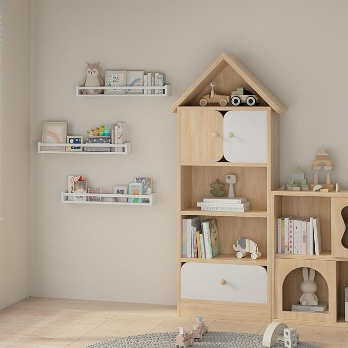 Heimlove Nursery Floating Shelves, White Nursery Book Shelves for Wall, 32 inch Wall Bookshelf for Kids Solid Wood Wall Mounted Shelves for Books,Toys and Decor Storage, Set of 3