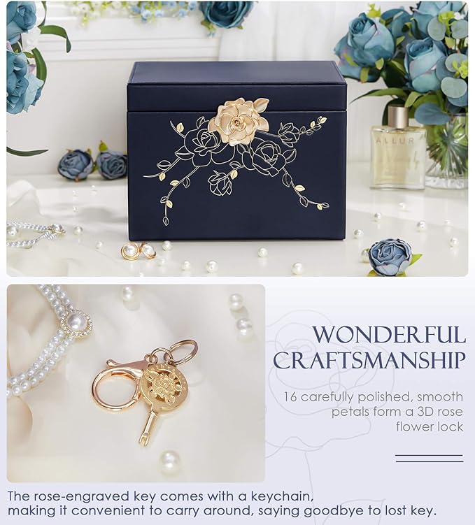 Jewelry Box with Lock for Girls: Jewelry Organizer for Dresser - 3-Drawer Earrings Storage Girls Women Gift (Dark Blue