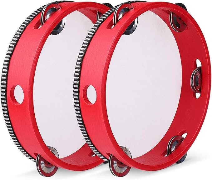 Flexzion Wood Handheld Tambourine 8" Inch Single Row 5 Pair Jingles (2 Pack, Red) - Hand Held Percussion Drum Moon Musical Tambourine with Ergonomic Handle Grip