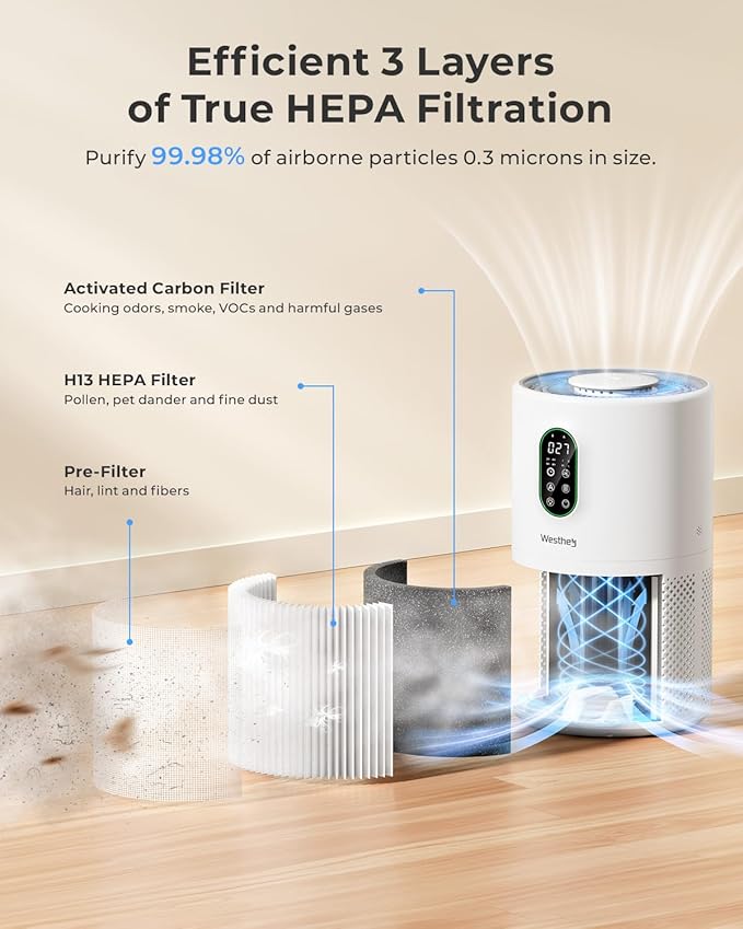 Air Purifiers for Home Large Room up to 1650 ft², WESTHEY H13 True HEPA Air Purifier for Bedroom with Night Light, Air Quality Monitor, Fragrance Sponge, Air Cleaner for Wildfire Smoke Dander Dust