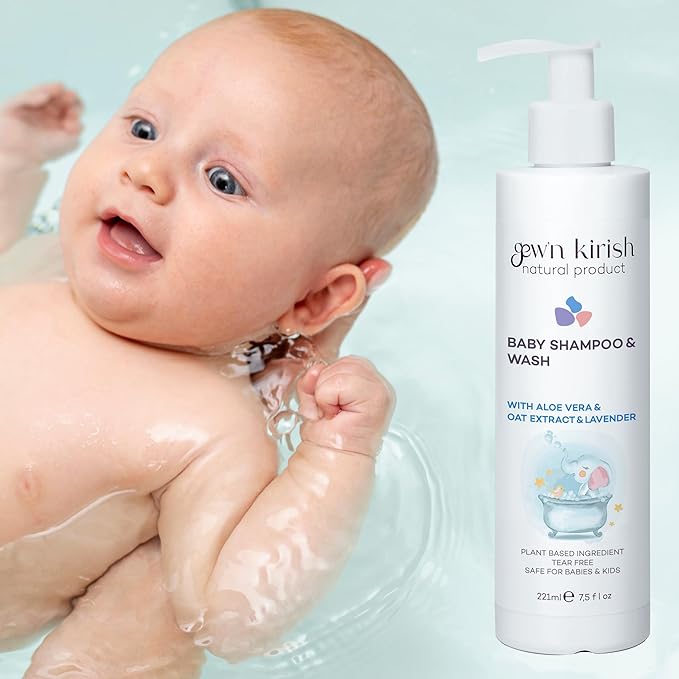 Gew’n Kirish Natural Baby Shampoo & Body Wash – Tear-Free, Hypoallergenic Cleanser with Lavender Oil, Aloe Vera & Oat Extract, Plant-Based, Vegan, Sulfate-Free Formula, 7.5 fl oz