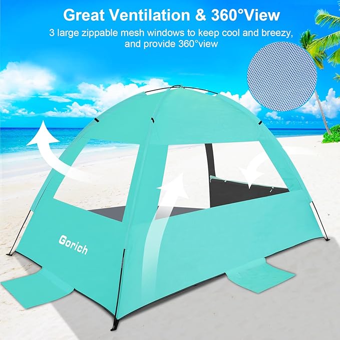 Gorich Beach Tent Sun Shelter for 3/4-5/6-7/8-10 Person with UPF 50＋ UV Protection, Lightweight & Easy Setup Beach Shade Canopy, Portable Beach Shade Tent Beach Cabana