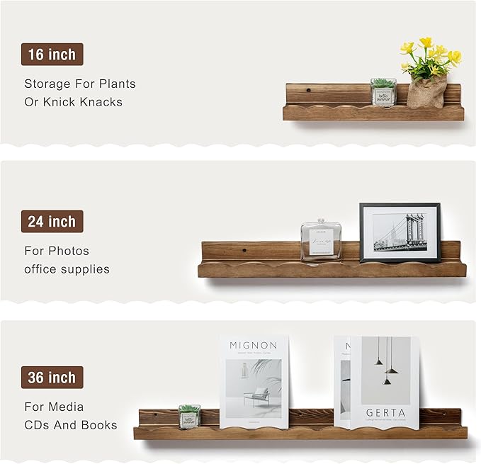 Fun Memories Picture Ledge Shelf for Wall, 16 inch Pine Wood Nursery Book Shelves Set of 4- Wall Book Shelves for Kids Room, Home Decor - Kitchen Spice-Carbonized