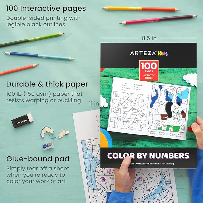 Arteza Kids Activity Book, Color by Numbers Coloring Book, 8.5 x 11 Inches, School Supplies for Ages 6 and Up, 50 Sheets, 12 Double-Ended Colored Pencils, Black Marker, Eraser, Sharpener