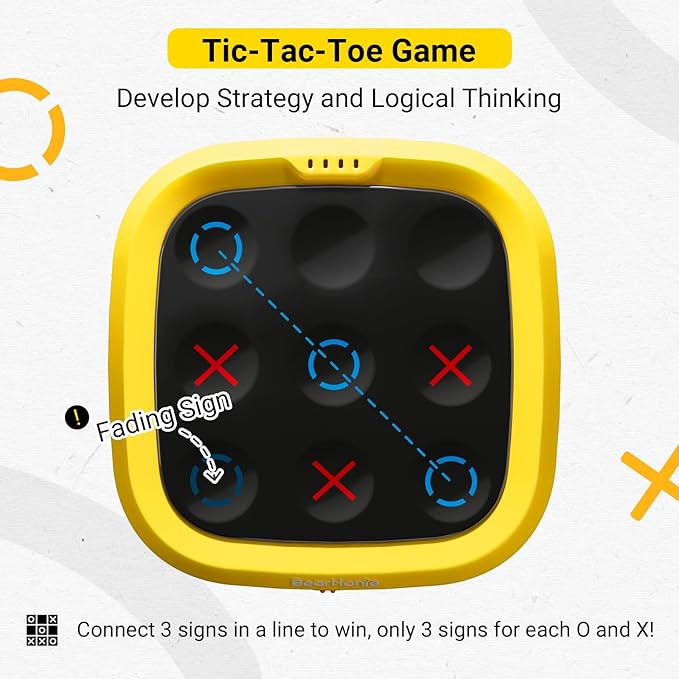 4-in-1 Handheld Tic Tac Toe Game Portable Electronic Board Games for Kids & Adults, Travel Games, Birthday Gifts, Yellow