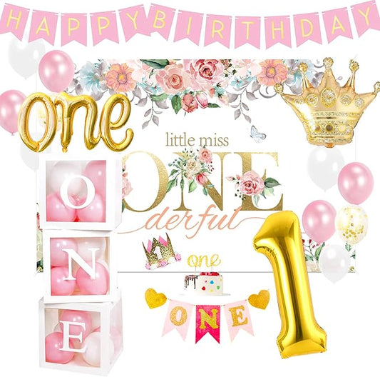 First Birthday Decorations Girl - 1st Birthday Baby Girl Decorations Include Balloons Box, Backdrop, Crown, Banner, High Chair Banner, Topper, Baby First One Year Old Girl Party Supplies