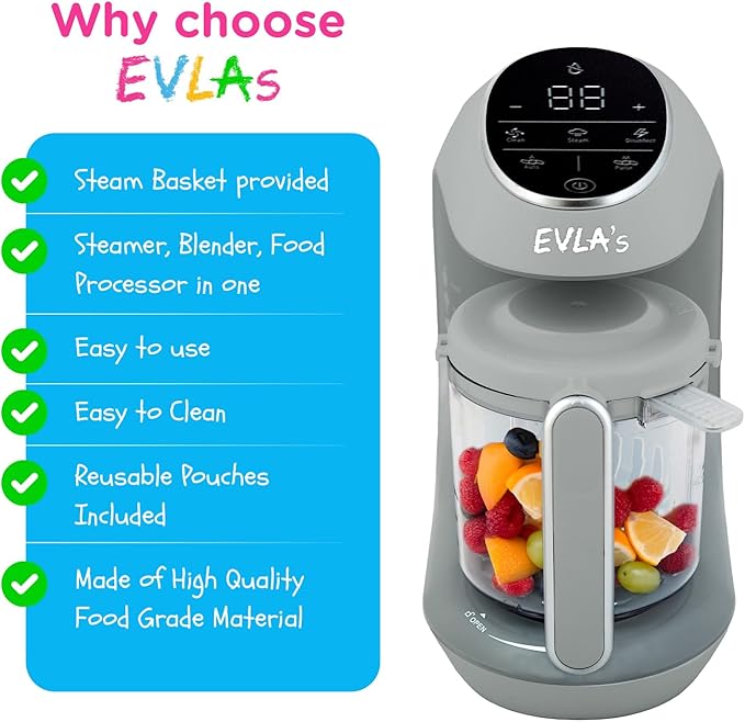 EVLA'S Baby Food Maker, Steamer, Blender, Baby Food Processor for Healthy Homemade Baby Food in Minutes, Touch Screen with 6 Reusable Food Pouches, Baby Registry Essential, Grey