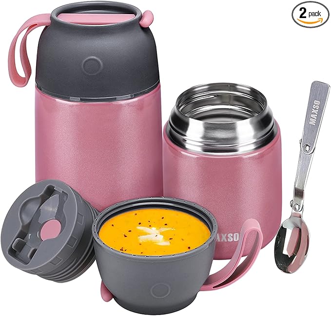 Insulated Thermo Food Jar for Hot & Cold Food for Kids Adult, 17&24 oz Soup Thermal Hot Food Containers for Lunch, Triple Layer Insulation Stainless Steel Food Jar with Spoon (2 Pack Pink)