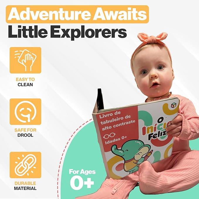 Happy Start Award-Winning High Contrast Board Book - Newborn Black & White Baby Cards, Easy to Clean, Hospital Approved, Stands on Its Own, Tummy Time Toy, Ages 0+ (Portuguese)