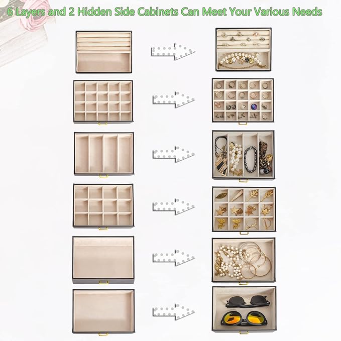 AKOZLIN Huge Jewelry Box Organizer Functional Lockable, Large Leather Jewelry Storage Case for Women Girls Ring Necklace Earring Bracelet Holder Organizer with Mirror