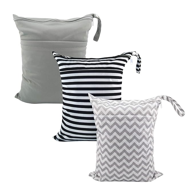 ALVABABY 3pcs Baby Cloth Diaper Wet Dry Bags Waterproof Reusable with Two Pockets Travel Beach Pool Daycare Soiled Baby Items Yoga Gym Bag for Swimsuits or Wet Clothes M Size 3L-ZM01