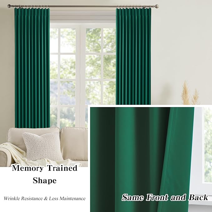 KEQIAOSUOCAI 90 Inch Dark Hunter Green Blackout Curtains for Living Room Pinch Pleated with Hooks - Room Darkening Thermal Insulated Christmas Green Track Curtain 40 x 90 Inches Long-2 Panels Set