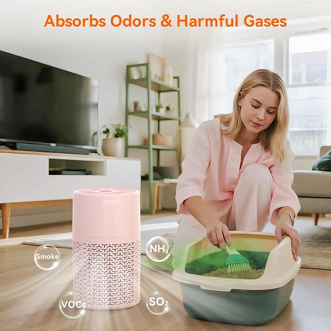 AIRROMI Pets Air Purifier for Home Allergies,Up to 660 ft².Yellow Deodorizing Activated Carbon Filter,With Fragrance Sponge for Better Sleep,Night Light,Pet Dander,Smoke,Odors,Air Cleaner A2002 Pink