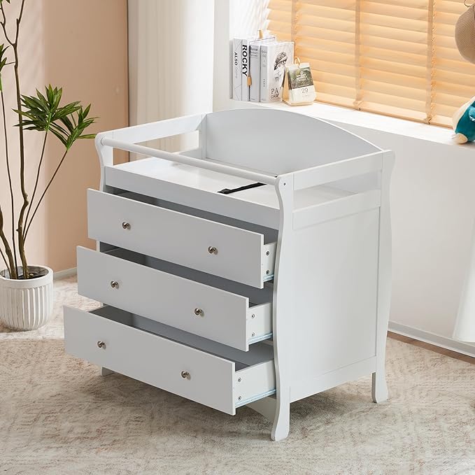 3-Drawer Changing Table, Safety Rails & Strap, Infant Diaper Changing Station with Drawers, Baby Diaper Changing Table Dresser for Nursery, Easy Assembly (White)