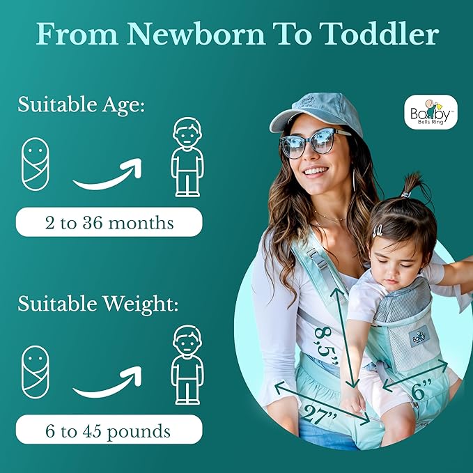 Baby Carrier - 6-in-1 Ergonomic Soft Carrier with Hip Seat and Large Storage, Front and Back Positions, Adjustable Waist Up to 43 Inches, for Infants Aged 2-36 Months, Weighing 6-45 lb