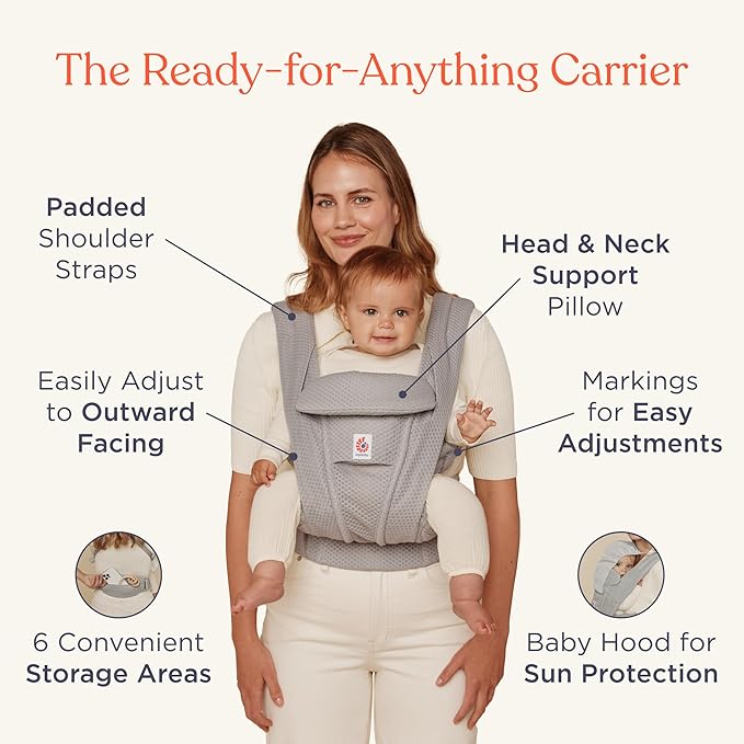 Ergobaby Omni Deluxe Baby Carrier Newborn to Toddler - Breathable Baby Carriers for Summer - All-Position Carrier with Enhanced Lumbar Support & Airflow (7-45 Pounds), Cotton, Pearl Grey