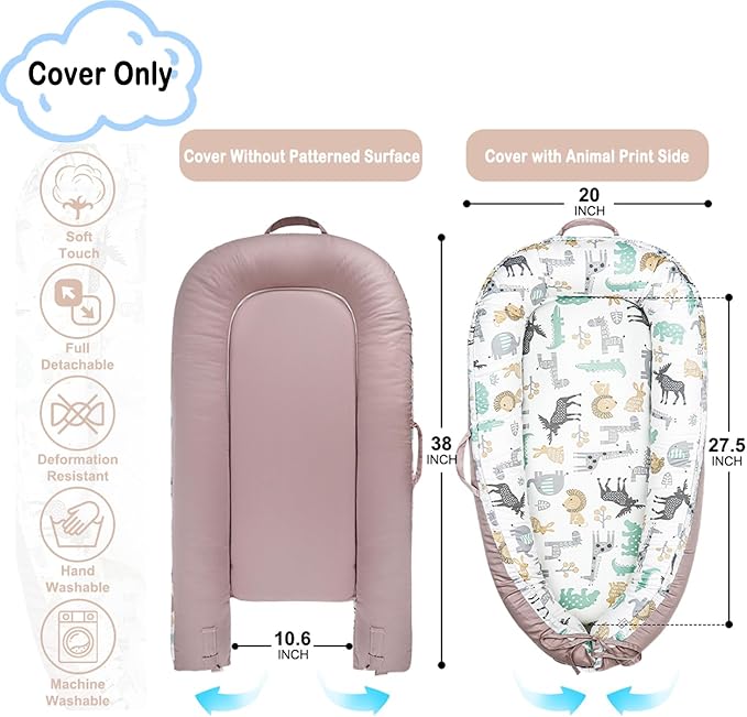 Baby Lounger Cover for Newborns, 100% Cotton Soft Portable Baby Nest Lounger Cover, Breathable Infant Lounger Replacement Cover, Lounger Pillow Cover Fit for Snuggle Me, Cover Only(Animal Pattern)