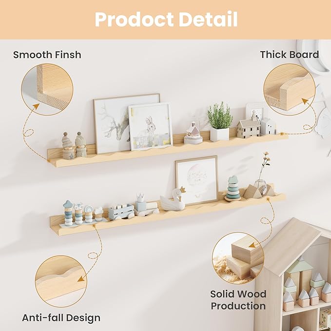 Fun Memories Picture Ledge Shelf for Wall, 48 inch Pine Wood Nursery Book Shelves Set of 2- Wall Book Shelves for Kids Room, Home Decor - Kitchen Spice-Natural