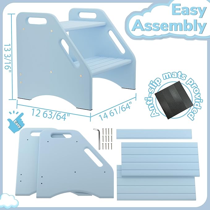 AMBIRD Wooden Step Stool, Two Step Stools 300 lbs Capacity with Safety Non-Slip Pads and Handles, Bamboo Step Stool for Bathroom, Kitchen Dual Height Step Stools for Kids (Sky Blue)