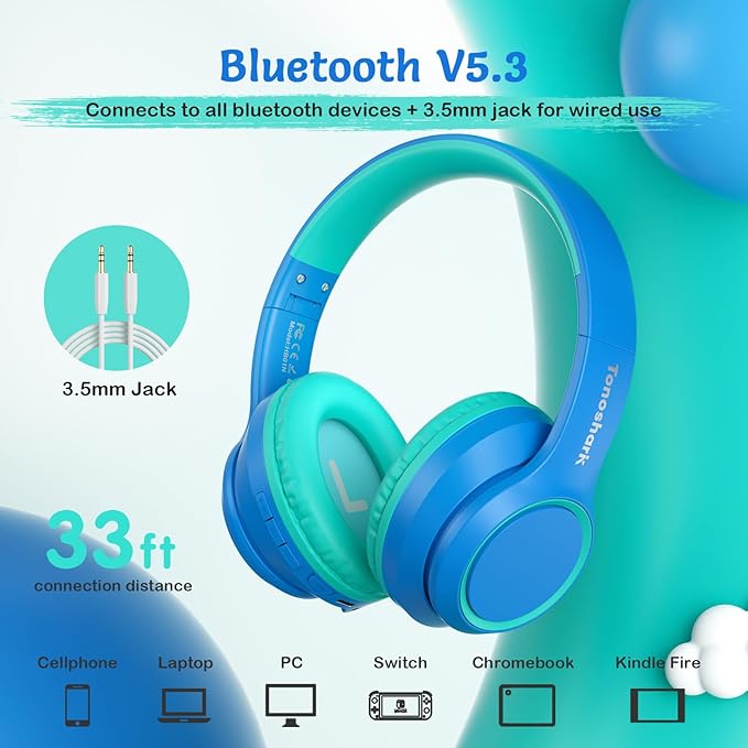 Active Noise Cancelling Headphones for Kids, 60H Playtime, Wireless Bluetooth Over-Ear Blue Headset Built-in Microphone for Home/School/Travel/Party - Includes Portable Case