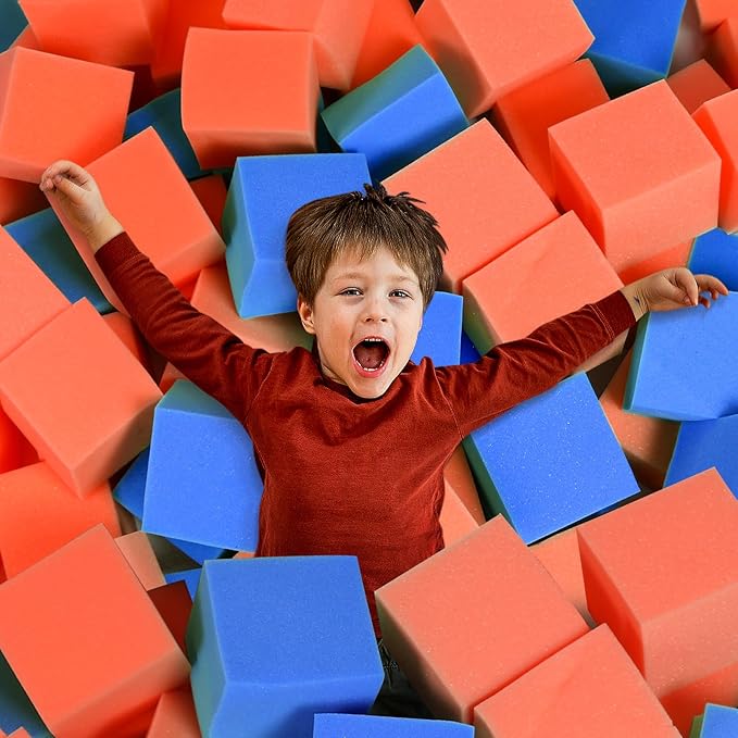 Foam Pit Cubes, 24 PCS 5 Inches Gymnastics Foam Blocks Trampoline Blocks, Multi-Sport Protective Padding for Freerunning, Trampoline, Parkour, Skate Parks & BMX - Dark Blue & Orange