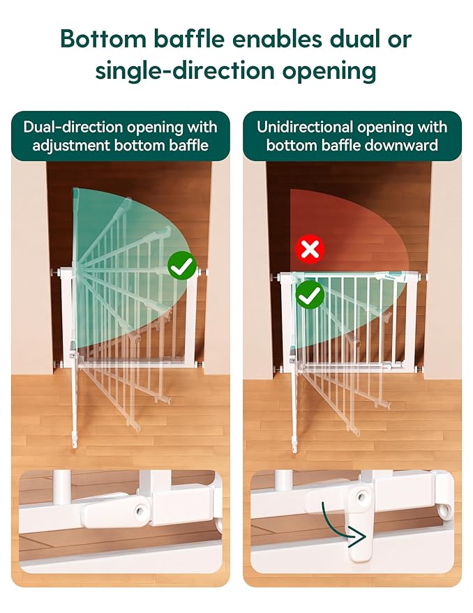 Babelio 29-43" Magnetic Baby Gate for Stairs,Doorways House,Kitchen,30" Tall Pet Barrier with Baffles,Pressure Mounted & Dual-Lock Design Safety for Kids Toddler,Auto-Close/Hold-Open,White