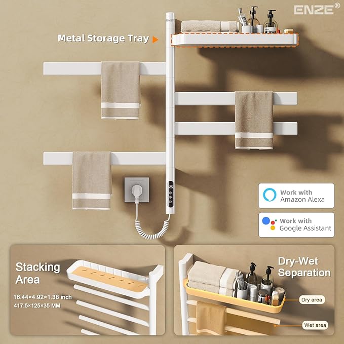 ENZE Smart Rotating Heated Towel Rack for Bathroom, Wall-Mounted Electric Towel Dryer with Swivel Bars & Shelf, Smart Timer, Low Carbon Steel, Plug-in/Hardwired, Towel Warmer with Wi-Fi App Control