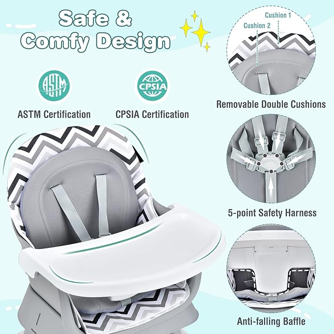 HONEY JOY 8 in 1 Baby High Chair, Convertible Highchair for Babies and Toddlers/Table and Chair Set/Building Block Table/Booster Seat/Stool/Toddler Chair with Safety Harness (Wave Gray)