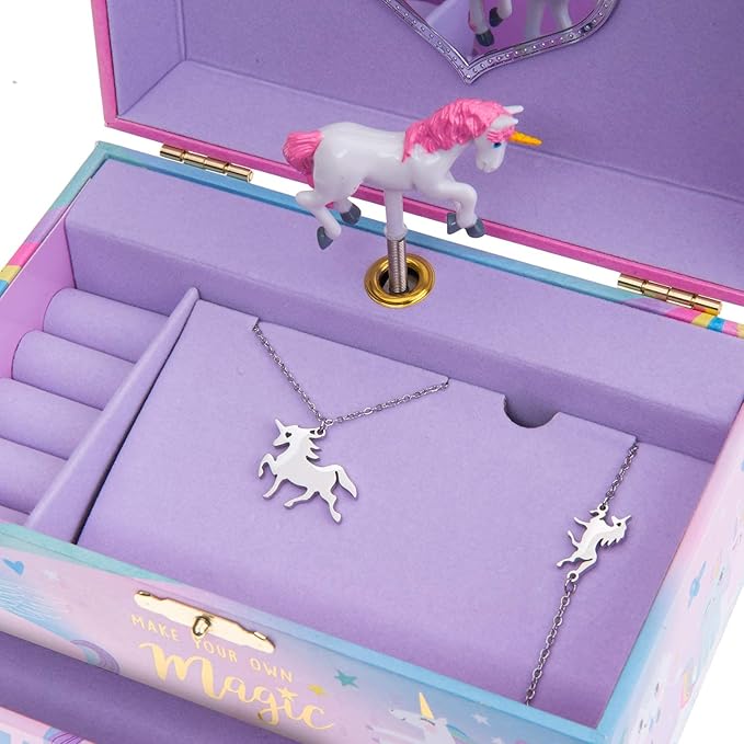 Jewelkeeper Unicorn Musical Jewelry Box for Little Girls - Kids Jewelry Box with Pullout Drawer - Music Jewellery Box with Necklace and Bracelet - Gift Set for Kids - Children's Jewellery Storage Case