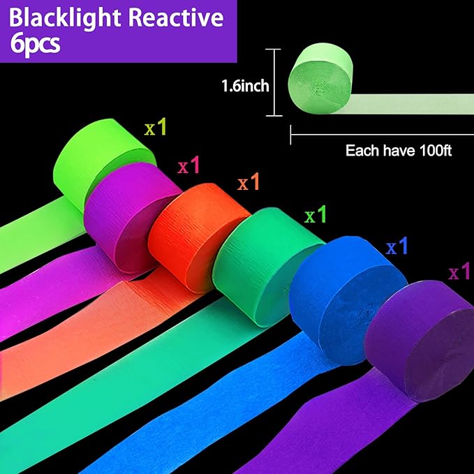 700ft Neon Paper Garland Glow in Dark Paper Streamers UV Reactive Round Dot Star Kit Banners for Neon Party Supplies, Wedding Decorations, Birthday Parties