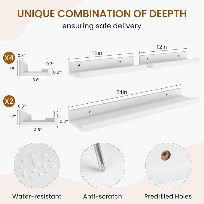 Axeman Picture Ledge Shelf, Floating Shelves for Wall Decor Storage Set of 6, 24 inch Floating Wall Mounted Shelves, Wall Shelves with Lip for Living Room, Bedroom, Nursery, Bathroom, Kitchen, White