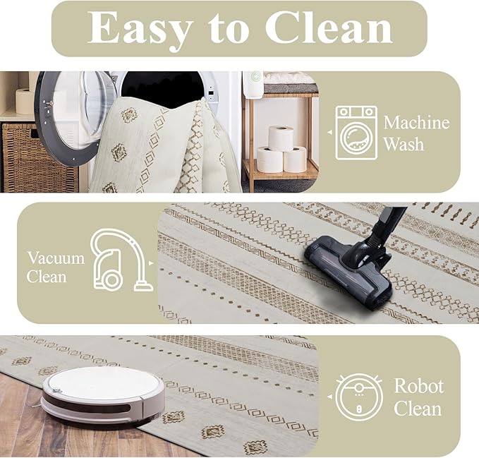 4x6 Washable Area Rug for Living Room, Carpet for Bedroom,Boho Soft Faux Wool Retro Dining Room Rug, Non Slip&Non-Shedding Resistant Low Pile Vintage Print Rug for Home Office (Beige)