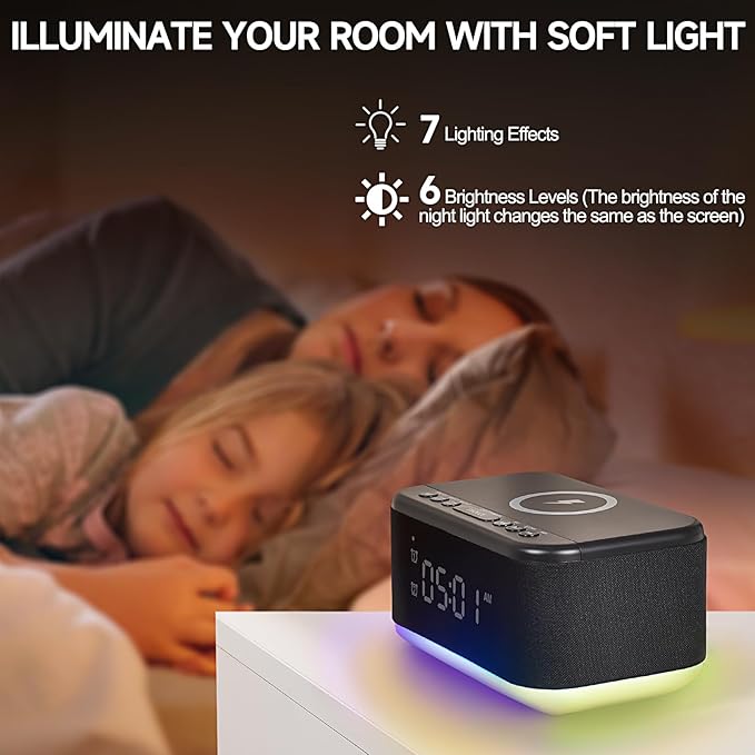 Alarm Clock Speaker Wireless Charger, Digital Alarm Clocks Bedrooms Bluetooth, Alarm Clock Dimmable Light Bedrooms Dual Alarm Snooze Dimmer 12 24H RGB Night Light Bluetooth USB AUX, Black