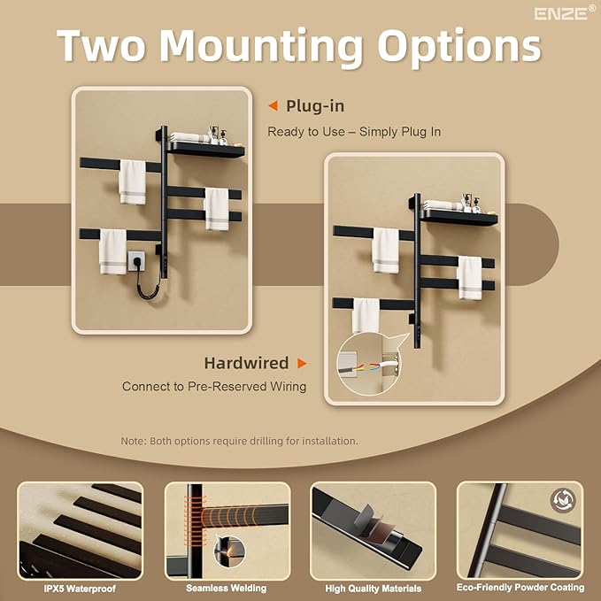 ENZE Smart Rotating Heated Towel Rack for Bathroom, Wall-Mounted Electric Towel Dryer with Swivel Bars & Shelf, Smart Timer, Low Carbon Steel, Plug-in/Hardwired, Towel Warmer with Wi-Fi App Control