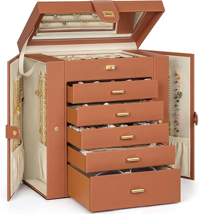 AKOZLIN Huge Jewelry Box Organizer Functional Large Leather Jewelry Storage Case for Women Girls Ring Necklace Earring Bracelet Holder Organizer with Mirror