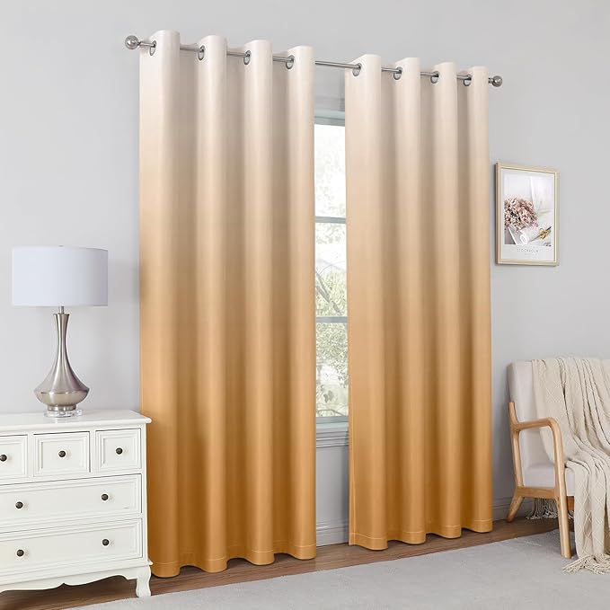HOMEIDEAS Gold Ombre Blackout Curtains 52 X 63 Inch Length Gradient Room Darkening Thermal Insulated Energy Saving Grommet 2 Panels Window Drapes for Living Room, Bedroom