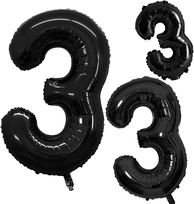 GOER Black Foil Balloons Number 3,Huge Number Balloons for 3rd Birthday Party Supplies Anniversary Decorations (3 pcs,42 inch,32 inch,16inch)