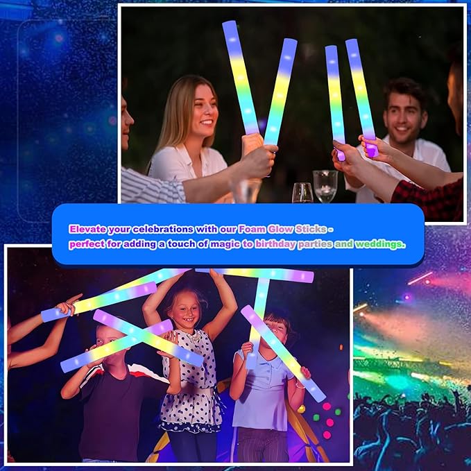 24-Count Foam Glow Sticks Party Pack - 5 Colors, Steady Bright LED Light Up Sticks for Weddings, Birthdays, Christmas, Halloween | Foam Glow Sticks Bulk Reusable, 6-Hr Glow