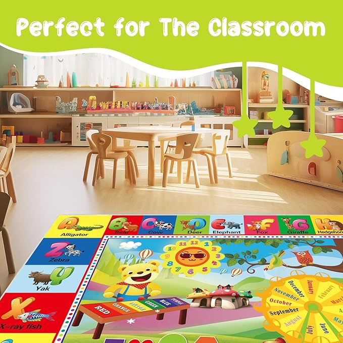 ABC Rug for Kids Room, ABC Mats for Floor Toddlers, Alphabet Play Mat Elementary Preschool Kid's Rugs wtih ABC, Numbers, Animals - (110X78.7 Inches)