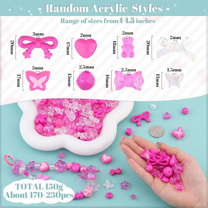 Assorted 170-230PCS Rose Pink Acrylic Beads for Bracelet Making, Flower Bow Butterfly GummyBear Aesthetic Bracelet Charms,Cute Beads for Jewelry Making DIY Necklace Keychain Phone Charm
