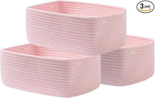 KALLAX Small Woven Basket, 13.5 x 9.5 x 5 Inches, Storage Basket for Organizing, Cute Small Rope Shelf Closet Cube Storage Bins Baskets for Shelves, Dog Toy Gift Baskets Empty, 3 Pack Light Pink