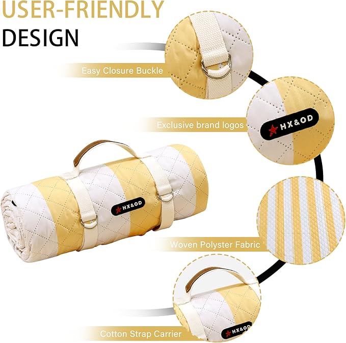 HX&OD Outdoor Picnic Blanket Extra Large, 80''*60'' Waterproof Picnic Mat with Stakes Foldable Camping Blanket Portable with Carry Strap for Beach Mat (Green& White, 80''*60'')